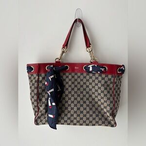 Gucci GG Canvas Tote Bag Red Leather Trim Horsebit Scarf Large Shoulder Bag